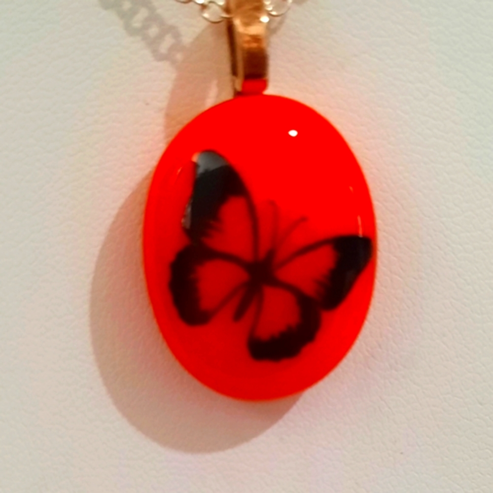Orange Stained Glass Necklace with Black Fused Butterfly Decal